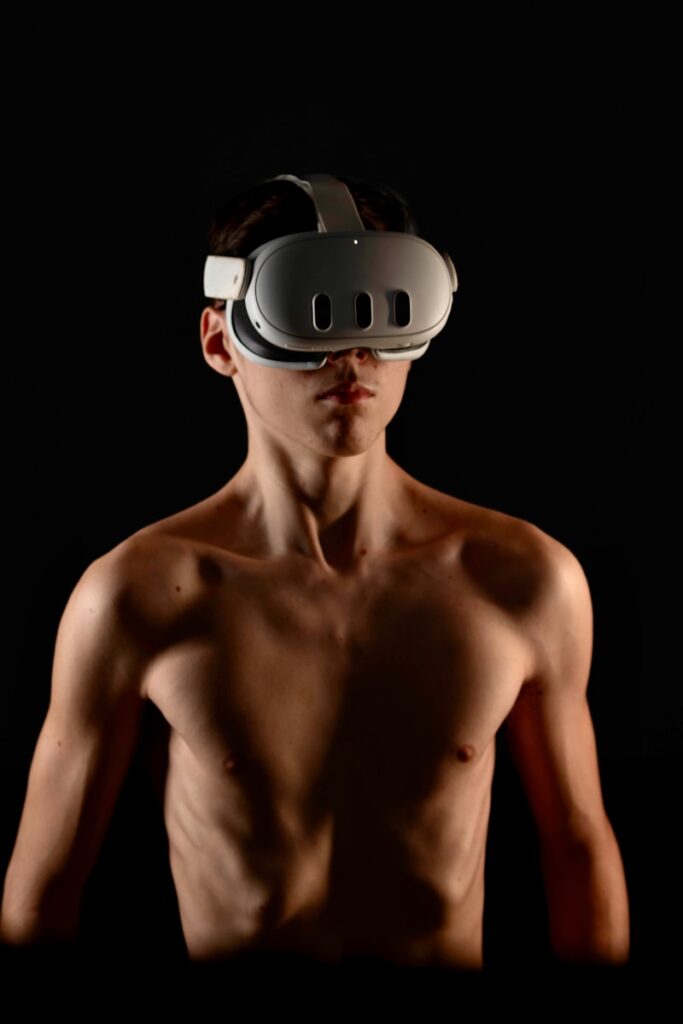 Young man wearing a virtual reality headset